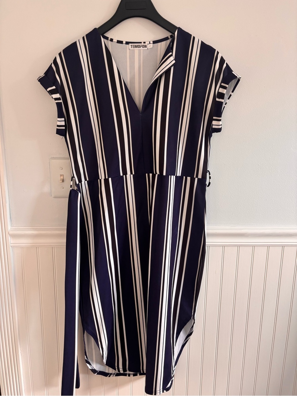 Amazon Essentials Navy and White Vertical Stripe High-Low V-Neck Dress